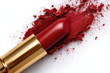 Deep red lipstick tube with crushed eyeshadow