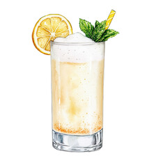 Gin Fizz cocktail in highball glass with foam, lemon slice, mint sprig, and striped straw. Watercolor illustration with transparent background. Classic citrus drink concept. 