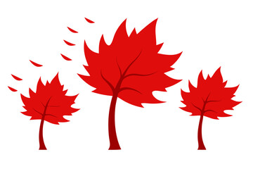 Three red autumn trees with falling leaves