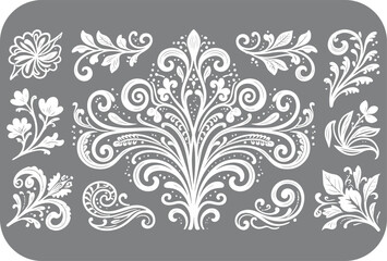 Collection of white floral ornaments hand drawn swirls vintage design elements