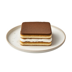 Traditional tiramisu plate with layers of espresso-soaked ladyfingers and mascarpone isolated on white background