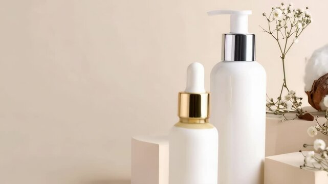White cosmetic bottles and dropper set with baby's breath flowers on neutral beige podiums for skincare routine mockup