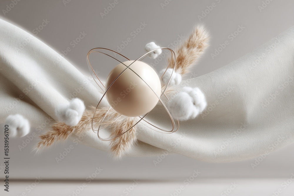Poster modern neutral-toned three-dimensional atom model with orbiting electrons and soft textile elements 