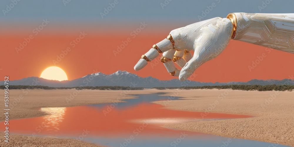 Fototapete Futuristic Robotic Hand Reaching Quantum Bit with Holographic Circuit Display at Sunset for Business Innovation and Quantum Computing Solutions