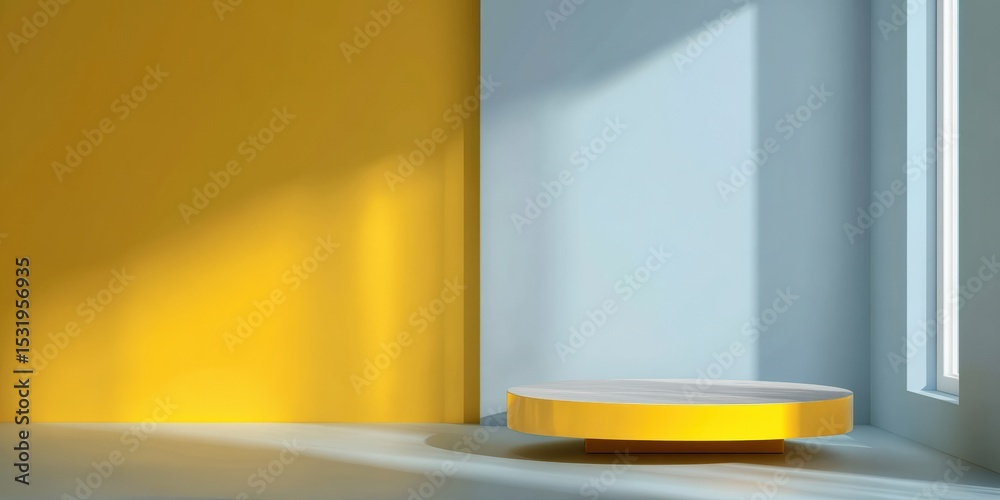 Poster sunlight illuminating empty round pedestal for product presentation in minimal yellow and light blue