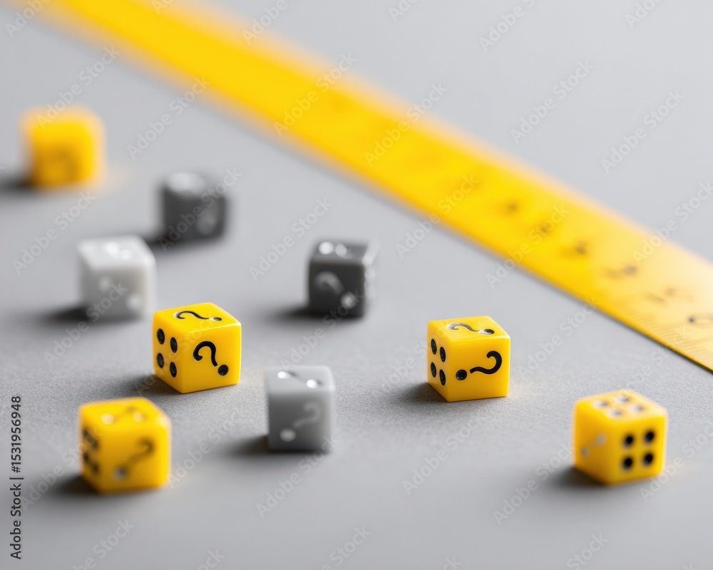 Poster Modern Educational Concept with Yellow Question Mark Dice and Ruler on Gray Surface Symbolizing Analytical Thinking and Logical Problem Solving