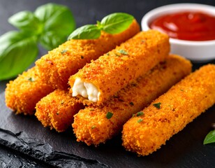 Mozzarella sticks z sosem marinara, stylizowane na czarnym tle