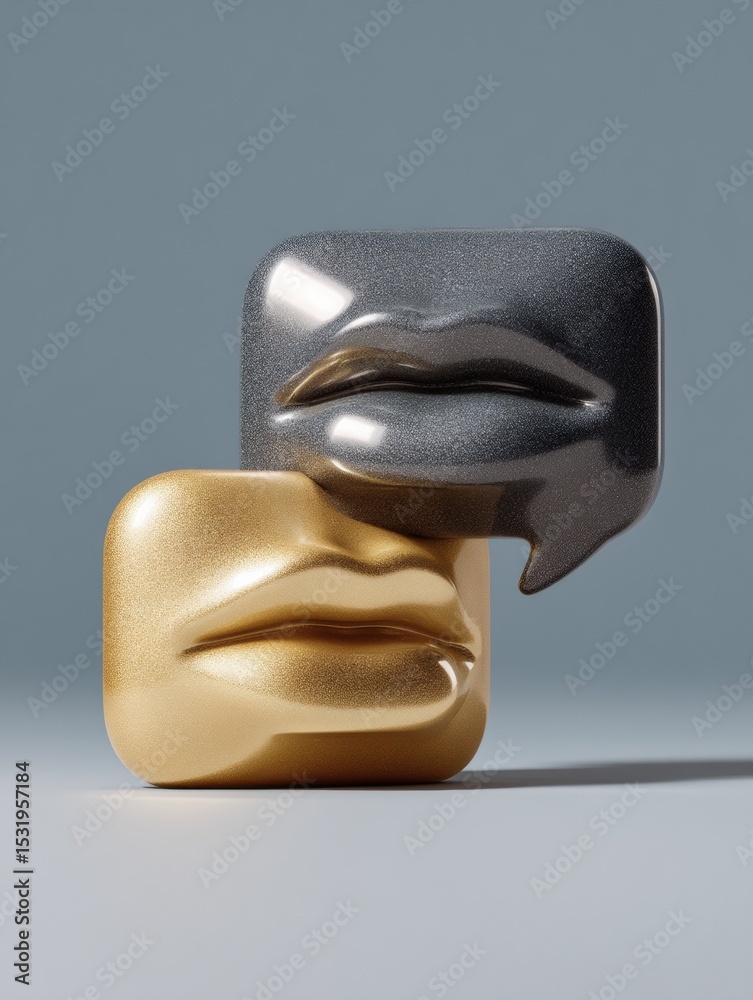 Poster metallic abstract lips with geometric speech bubbles on neutral background - modern communication co