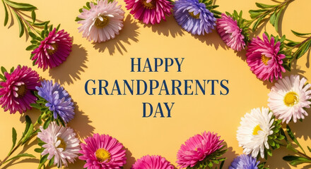 Floral Arrangement Of Colorful Flowers With Happy Grandparents Day Text On Yellow Background