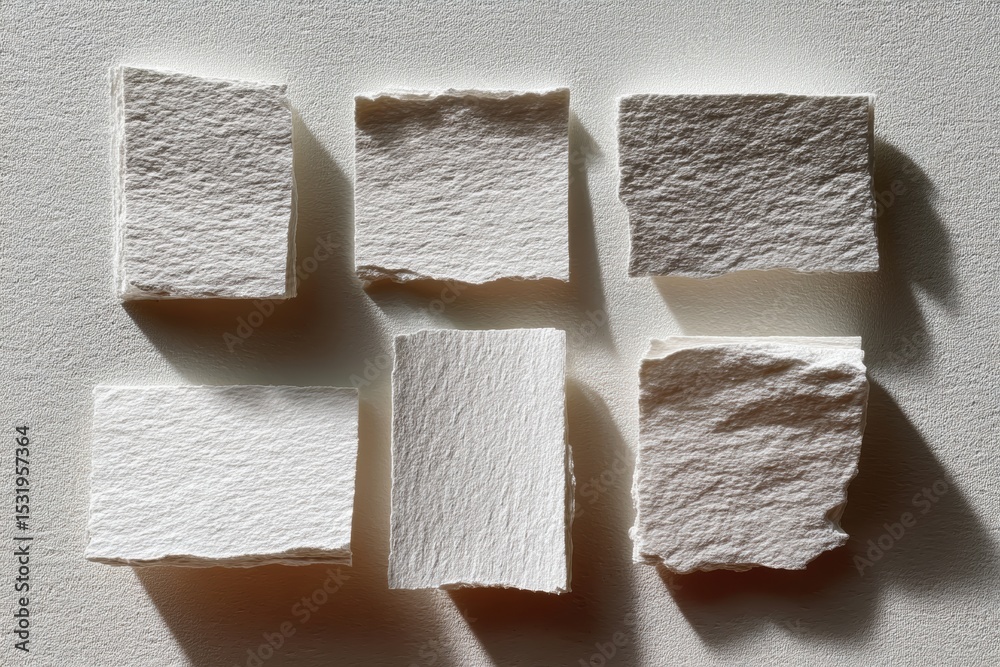 Leinwandbilder post-analog textured white rough paper pieces arranged in flat lay with natural light and shadows fo