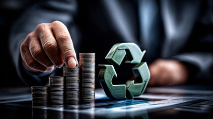 Businessman holding in hand growth graph  and Circular economy symbol. Futuristic Circular economy concept. 