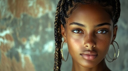 A close-up portrait of a young woman with dark skin, brown eyes, and freckles. She is wearing hoop earrings and has her hair in braids