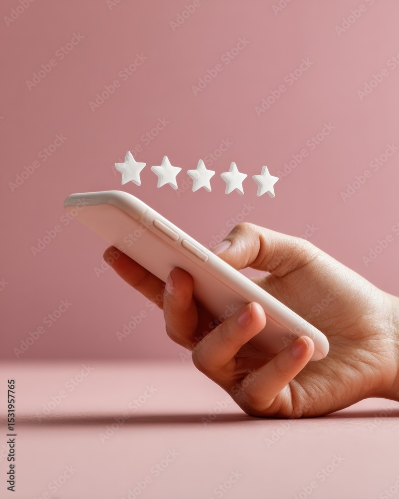 Poster Modern business concept of user holding smartphone with floating five star rating interface for digital customer feedback and service satisfaction