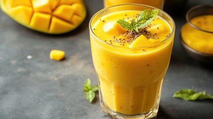 A vibrant mango smoothie in a glass, garnished with chia seeds and mint, sits on a dark surface alongside mango chunks and additional smoothie in bowls