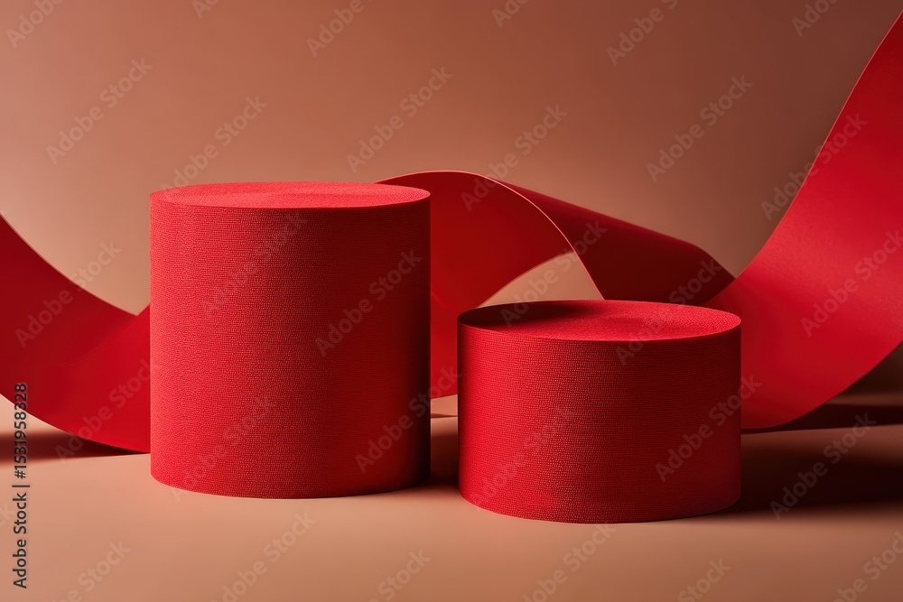 Aufkleber Two red cylindrical pedestals stand on a solid color background, while a red ribbon creates a wavy path between them, adding a touch of elegance and dynamism