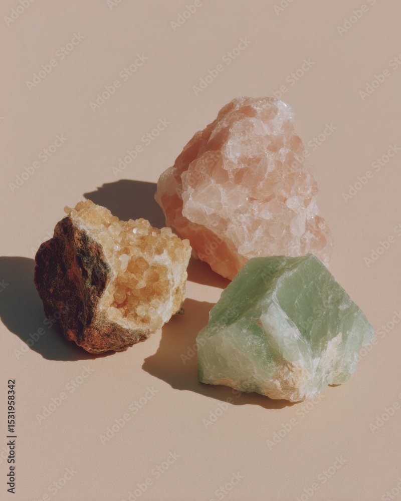 Aufkleber natural mineral nuggets composition on neutral background highlighting raw textures for commodity in