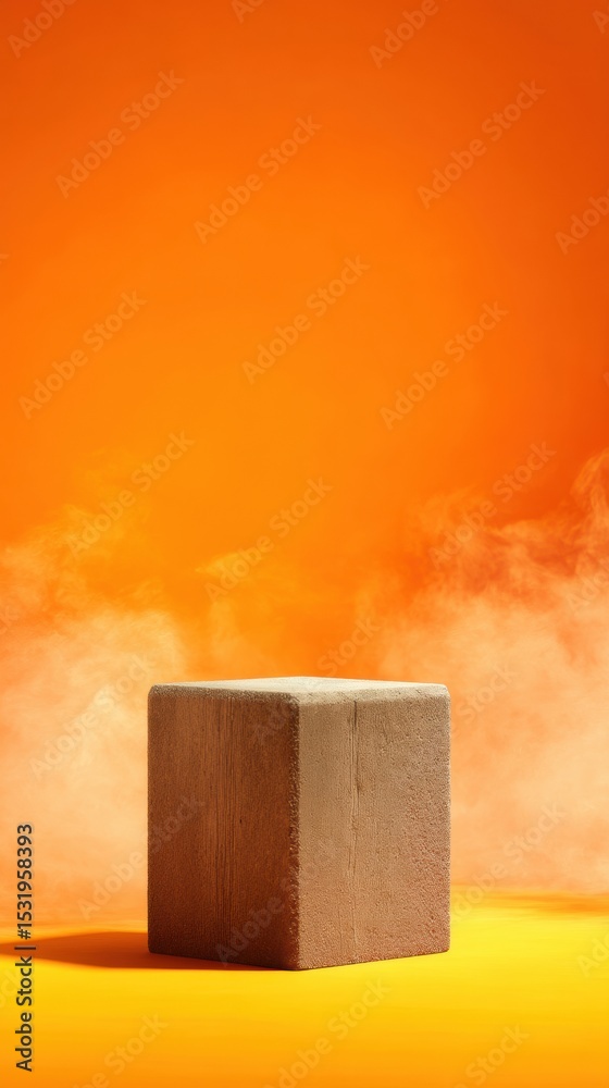 Poster minimalist raw cedar wood podium on bright orange to yellow gradient with dynamic smoke for modern p