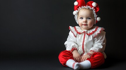 A baby girl in a red and white jester costume with a playful expression sits against a dark background