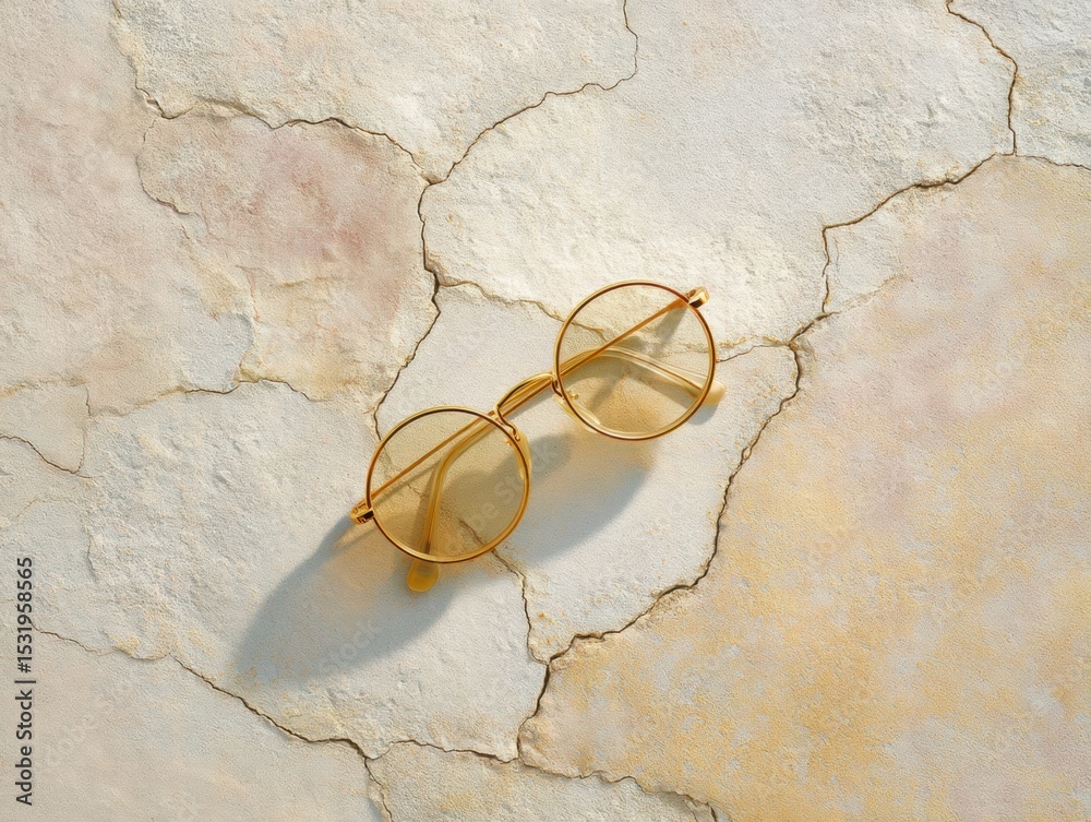 Aufkleber minimalist eclipse glasses on cracked stone with golden reflection and soft shadows - modern texture