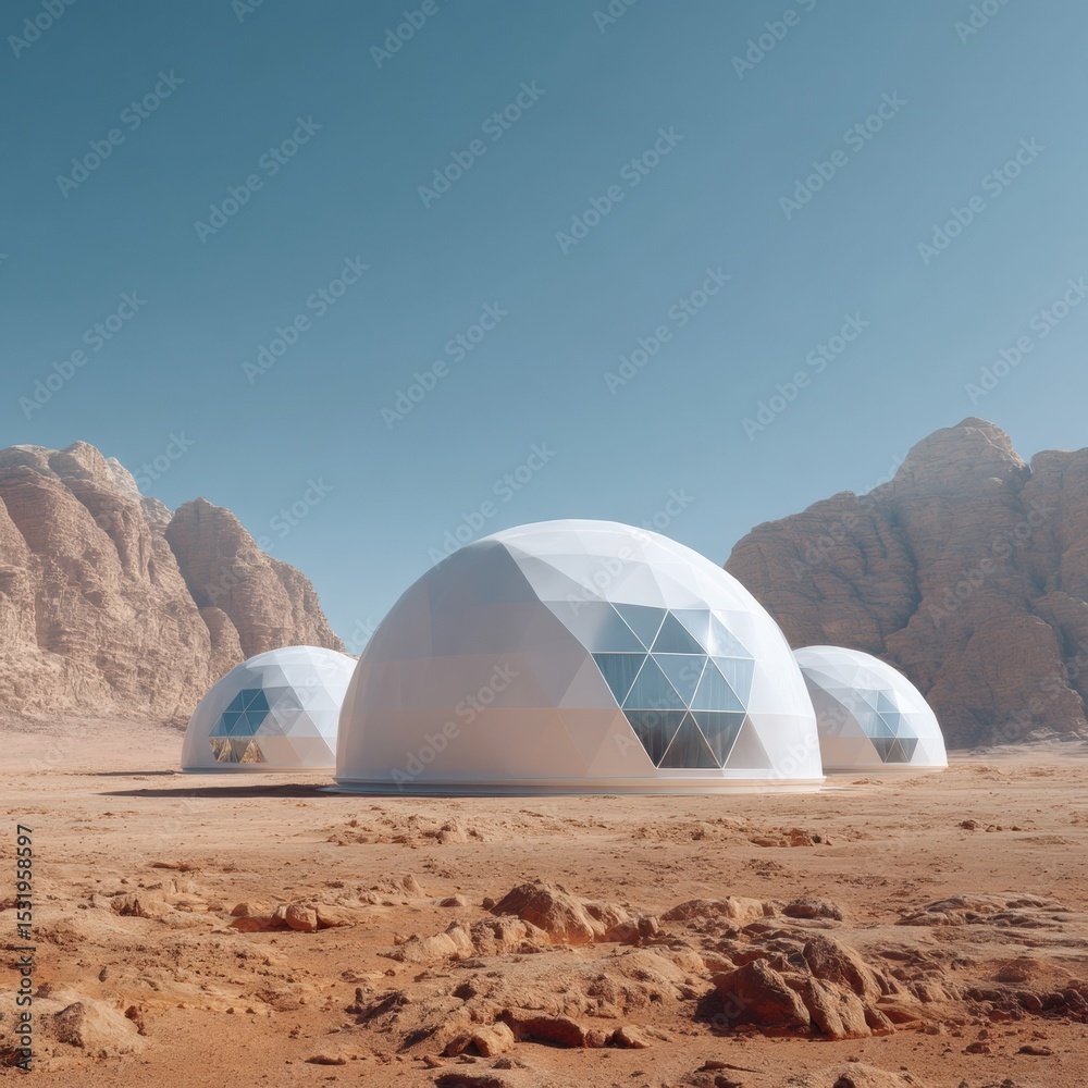 Poster futuristic mars colony geodesic domes with transparent habitats in rocky martian terrain for space i
