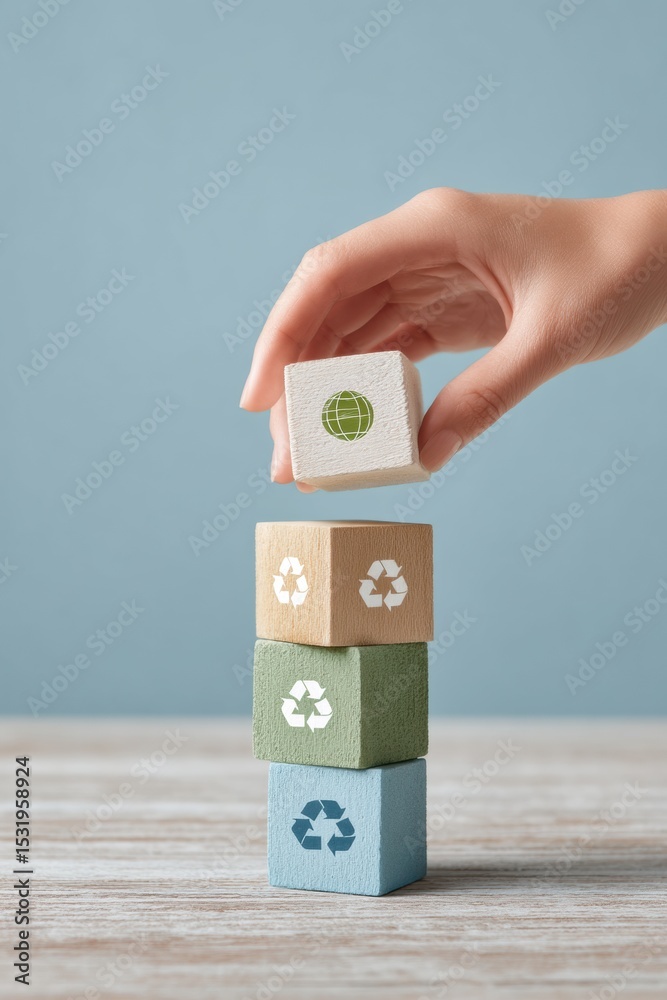 Poster sustainable lifecycle analysis concept with wooden blocks and globe icon on natural surface for eco 