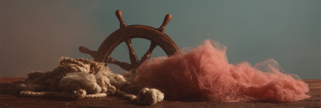 Vintage Nautical Decor with Lifesaver Ribbon, Fishing Net, and Ship Wheel on Wooden Floor - Sea-Themed Studio Setup for Coastal Branding and Maritime Events