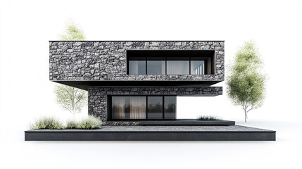 Modern two-story house with dark stone facade, large windows, cantilevered upper level, and minimalist landscaping, set against a white background