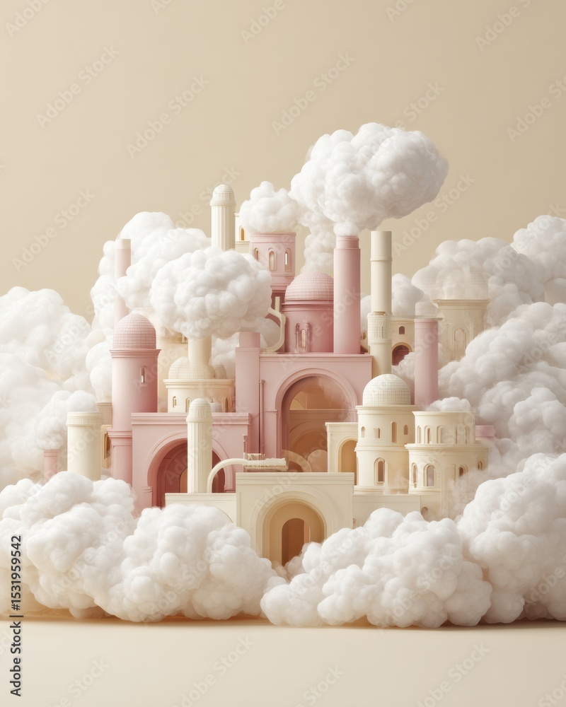 Poster surreal cloud cityscape with soft pastel architecture and cotton-like smoke for conceptual design an
