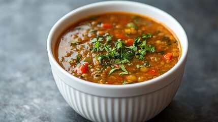 A white bowl filled with lentil soup, garnished with fresh parsley, sitting on a textured grey surface