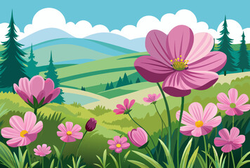 Cosmos Flower Meadow. Serene Landscape with Mountain Views