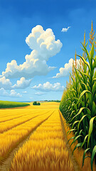 Golden Wheat Field and Lush Corn Plants Under a Bright Blue Sky with Fluffy Clouds
