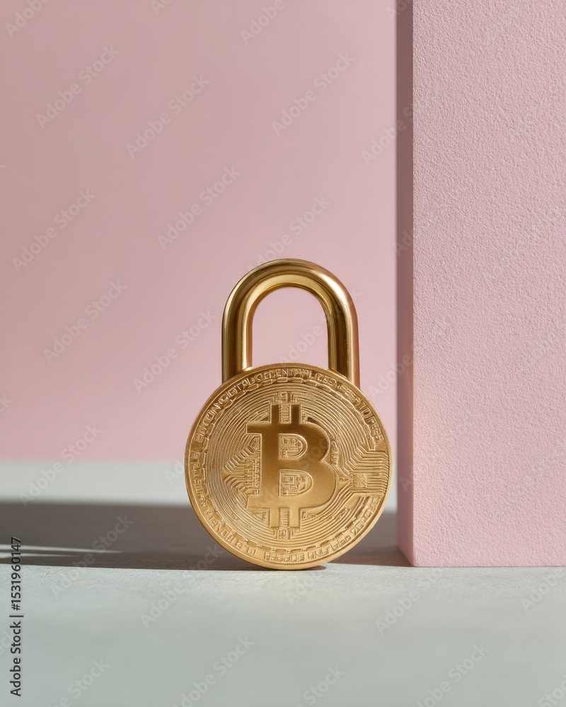 Poster modern metal bitcoin lock standing against pink wall with soft shadows - cryptocurrency security con