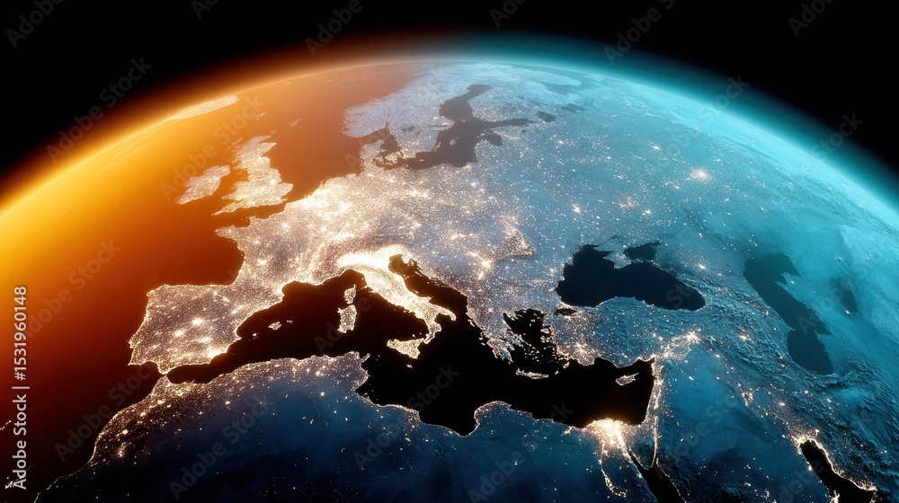Aufkleber satellite view of europe and mediterranean urban lights at night for geopolitical analysis and globa