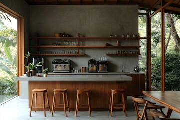 A minimalist, modern coffee shop kitchen interior with wood and concrete accents, large windows overlooking a jungle landscape, a bar counter with wooden stools on one side of the room,