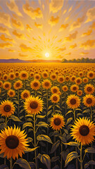 Vibrant Sunflower Field Under a Golden Sky Surrounded by Radiant Sunlight at Dusk