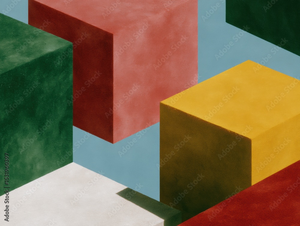 Aufkleber Abstract geometric composition of textured colorful blocks in modern isometric style with shadows on blue background for contemporary design and art projects