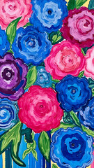 Colorful Abstract Flower Bouquet with Vibrant Blues and Pinks on a Bright Yellow Background