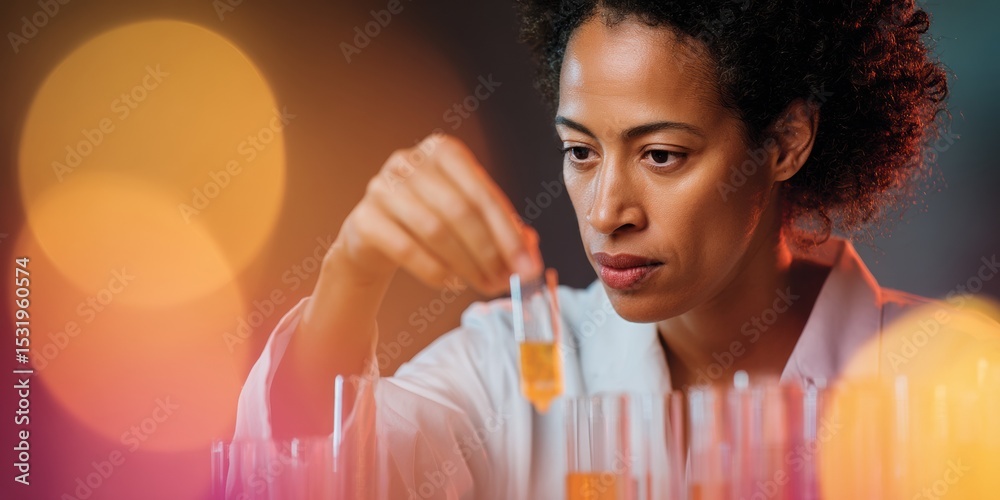 Poster precision agricultural science female scientist transferring rice seeds for genetic analysis in labo