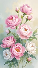 Beautiful Arrangement of Blooming Peonies in Soft Pastel Colors on a Gentle Background