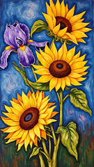 Vivid Sunflowers and Iris Against a Textured Blue Background in Impressionist Style