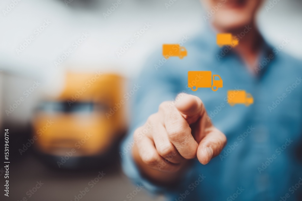 Poster interactive digital supply chain interface with person gesturing logistics and delivery icons, highl