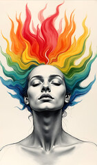 Vibrant Abstract Art Portrait with Colorful Flames Emanating from a Woman's Hair and Face