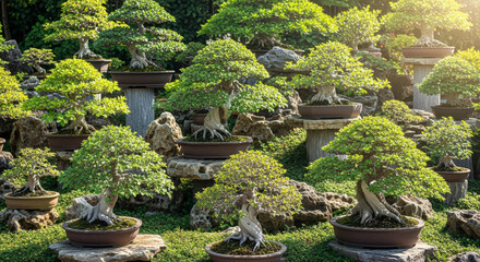 Array Of Lush Green Bonsai Trees Displayed Outdoors In A Serene Garden Setting Under Bright Sunlight