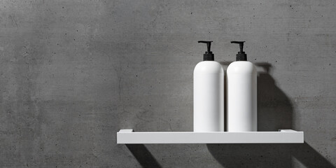 White bottles mock up on white shelf on gray concrete background, close up shampoo, conditioner. Aesthetic view beauty products in modern minimal bathroom neutral color. Side view, banner