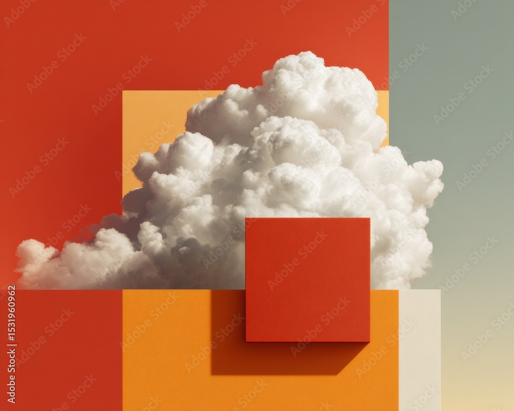 Poster majestic cumulus cloud formations with defined edges contrasted against vibrant geometric shapes for