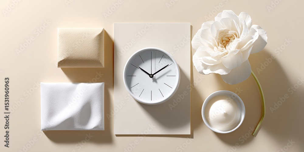 Poster minimalist workspace flatlay with clock, white rose, and textured paper for flexible hr scheduling a