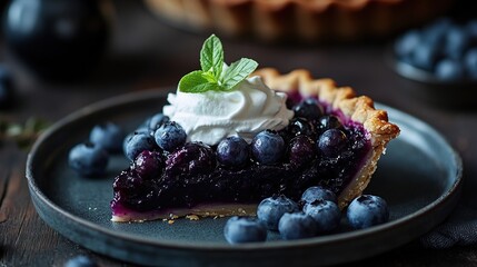 A single slice of blueberry pie with a flaky crust, topped with whipped cream and a sprig of mint, sits on a gray plate surrounded by fresh blueberries and a wooden table