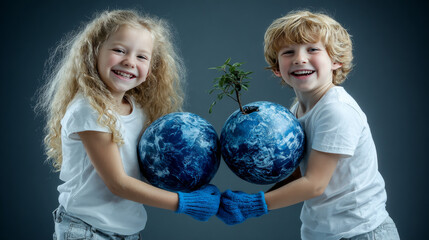 Environment, save clean planet, ecology concept. Child hands holding crystal earth globe and growing tree.  Earth Day banner with  copy space