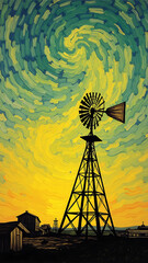 Windmill Silhouette Against Swirling Sky in Vibrant Evening Colors at Dusk