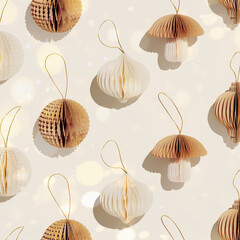 Paper Christmas Ornaments, hanging ivory beige New Year decorations as mushrooms, balls, flashlights with gold bokeh, sunlight shadow, minimal aesthetic holiday flat lay, festive patterns background